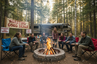 Outdoor cooking at a forest campground with banner promoting roasting deals