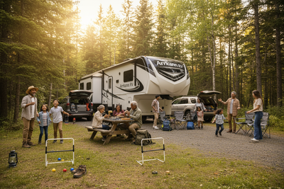 Grandparents, parents, and children having fun at a campground