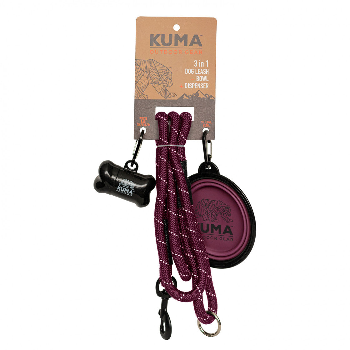 Kuma 3-in-1 Dog Leash with Waste Bag Dispenser & Collapsible Bowl - 5 ft Polyester Rope, Durable Metal Clip