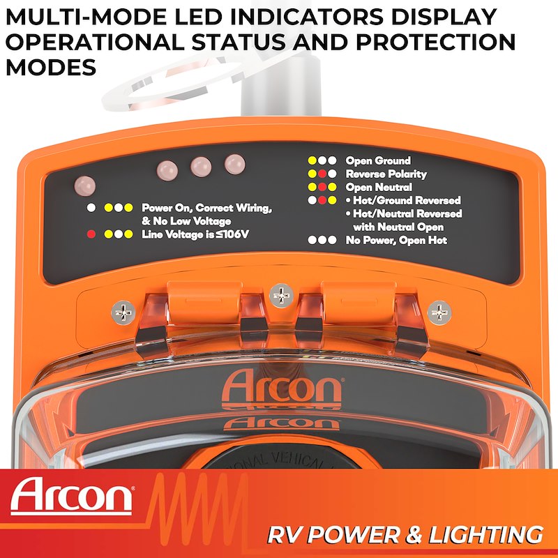 Orange electrical panel with LED indicators displaying operational status and protection modes, featuring the Arcon brand.