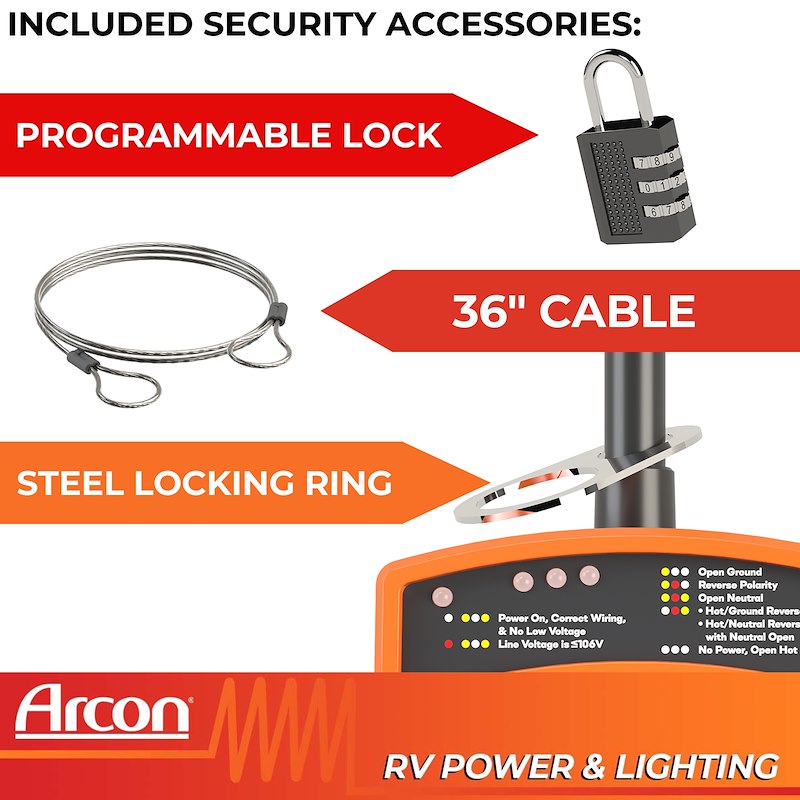 Security accessories for RV power and lighting with Arcon branding.