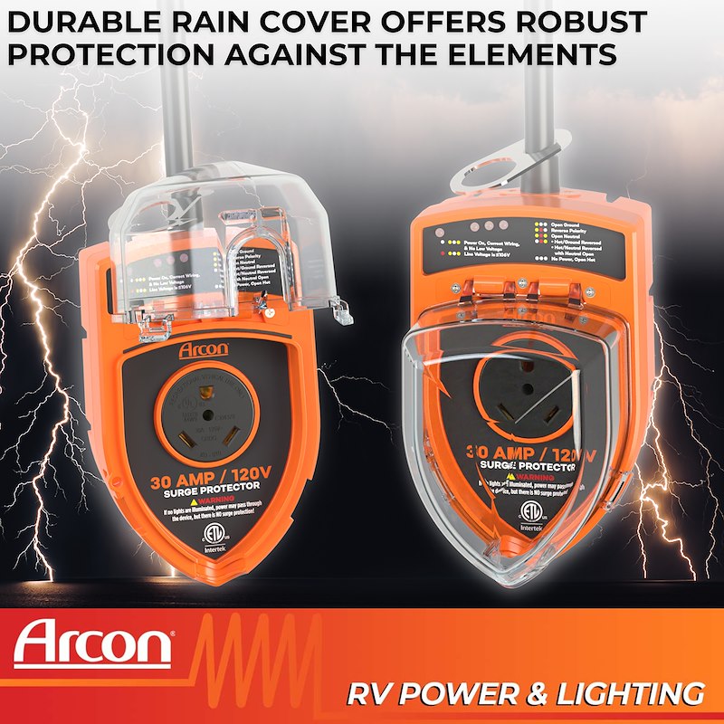 Two Arcon surge protectors with lightning effects on a dark background, emphasizing durability and protection against elements.