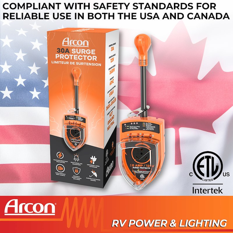 Arcon surge protector with packaging on an American and Canadian flag background, featuring ETL Intertek certification.