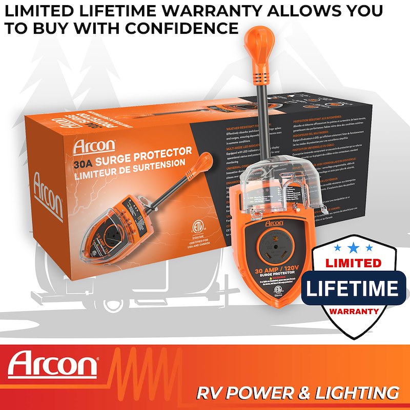 Arcon surge protector with packaging and limited lifetime warranty badge on a white background