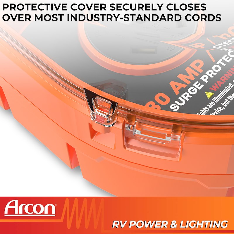 Orange protective cover for RV power and lighting equipment with Arcon branding.