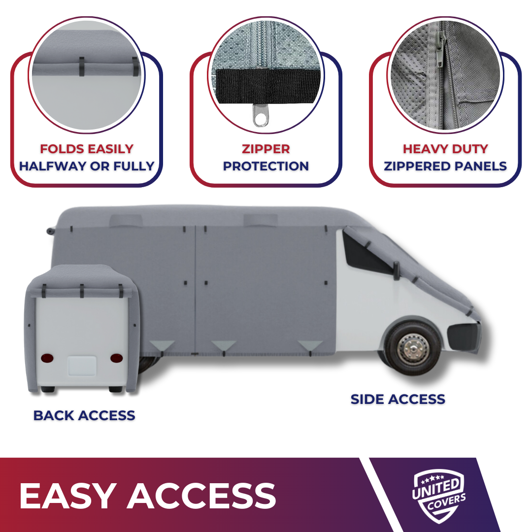 Full weatherproof RV cover with straps and buckles