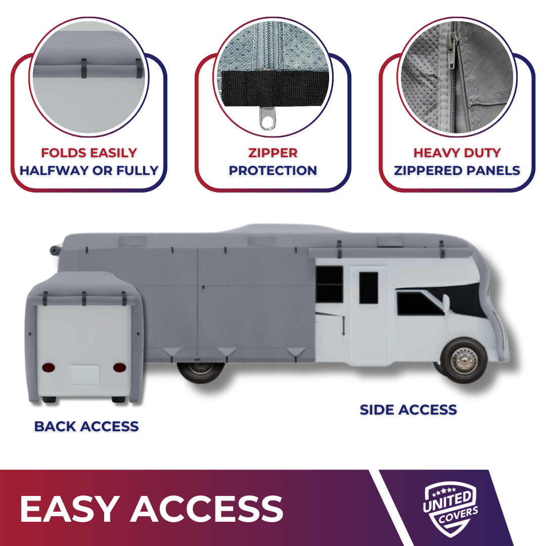 Weatherproof Class C RV cover – closeup of straps and buckles