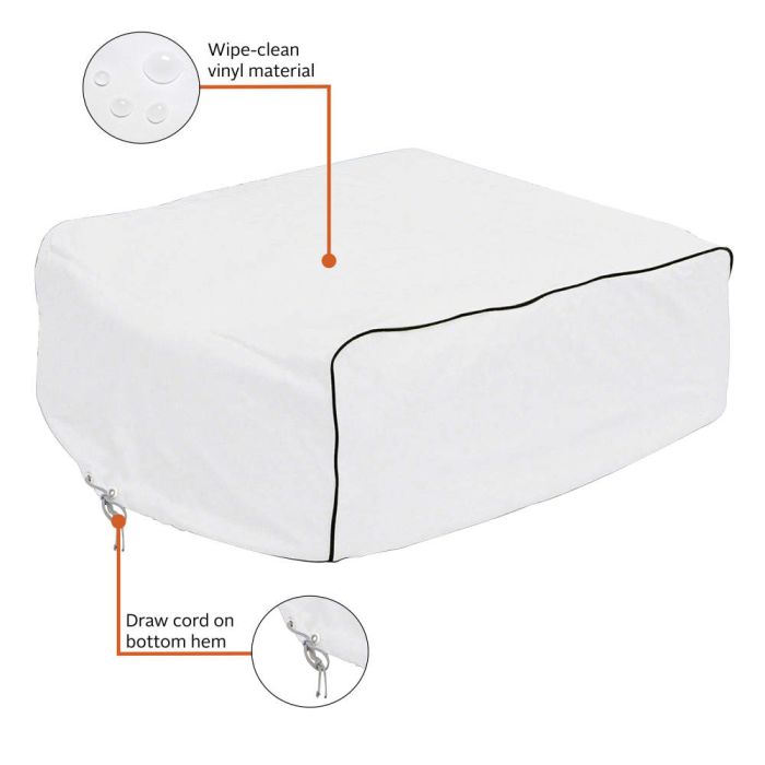 White pillow with black trim on a white background, featuring text labels about material and draw cord.