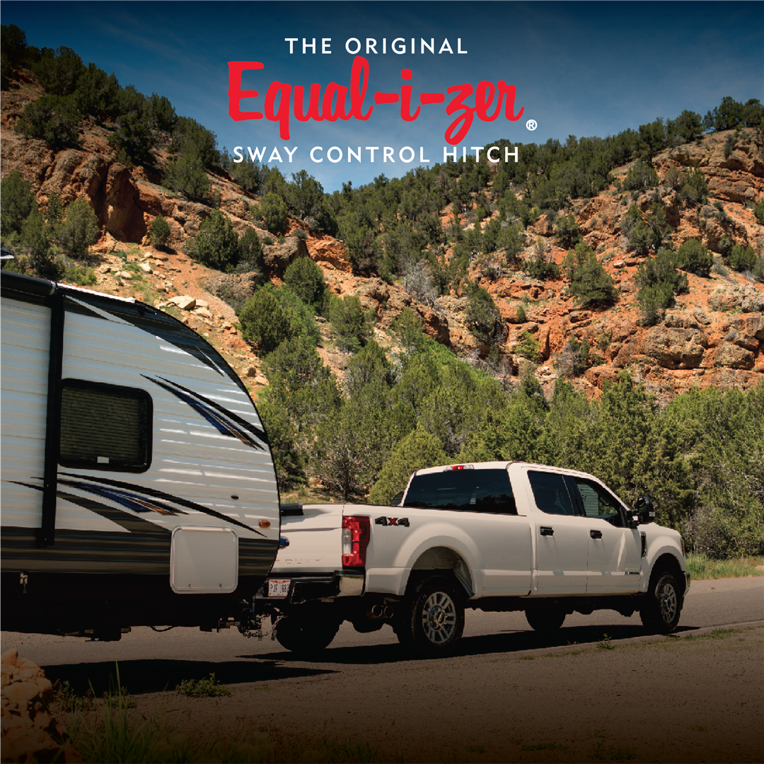 White truck towing a camper with a scenic background, featuring the Equal-i-zer logo.