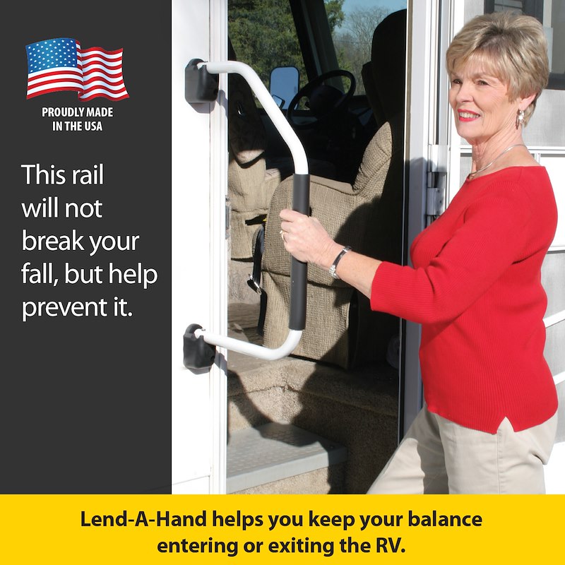 White aluminum RV entry handle with foam grip by Stromberg Carlson