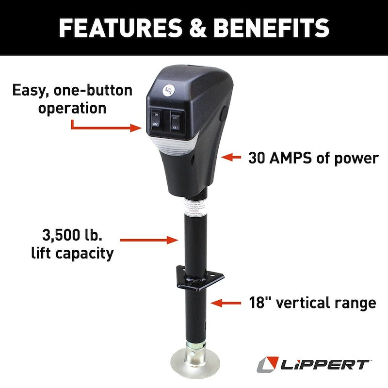 Lippert Electric Tongue Jack – 3500 lb, 18" Lift, LED, Black Steel