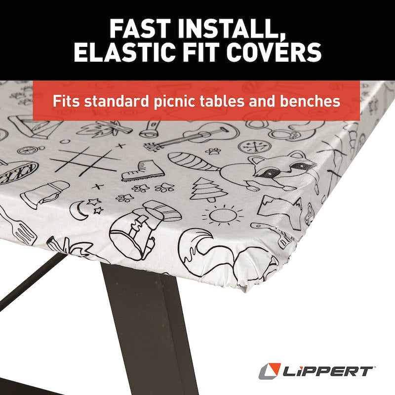 Side view of the gray tablecloth covering a standard picnic table.