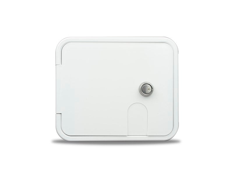 A white City and Gravity Water Hatch with a key, featuring a lockable gravity feed system for RVs.