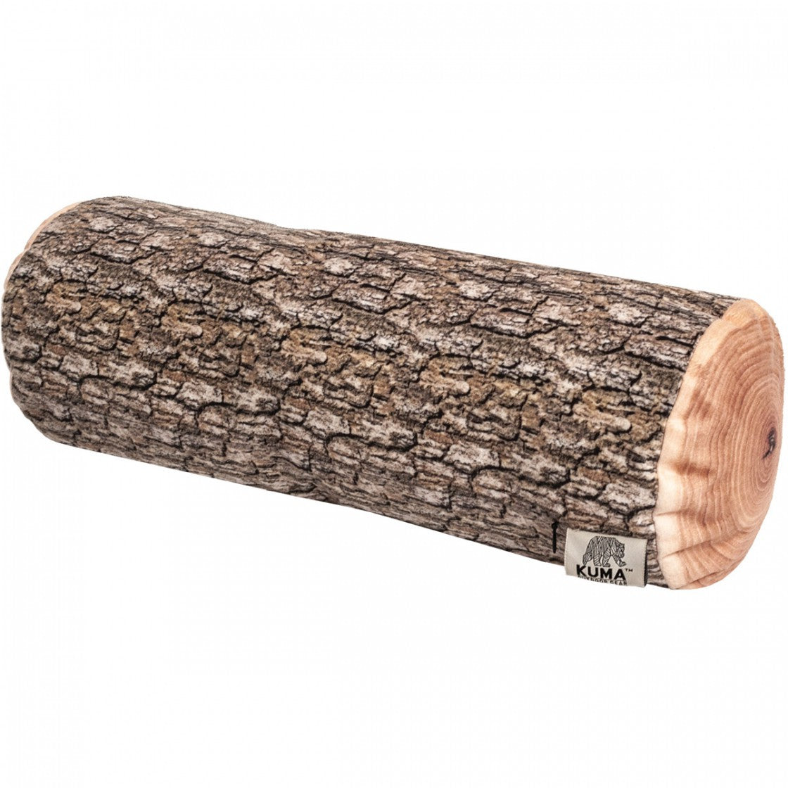 Kuma Log Pillow with a realistic woodgrain sublimated design on a cozy microfleece cover.