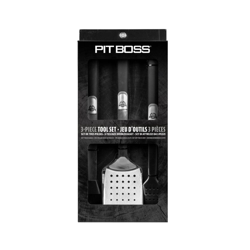 Soft Touch BBQ tool set including tongs, spatula, and brush