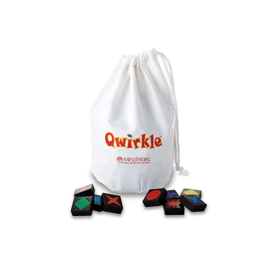 Qwirkle game set with wooden tiles, drawstring bag