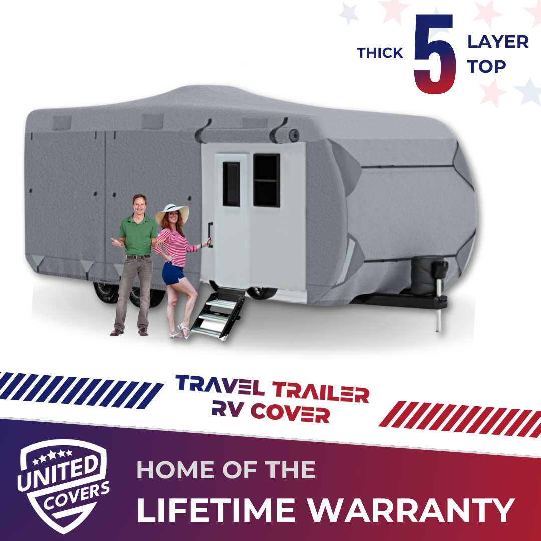 United Covers RV trailer cover with air vents and straps