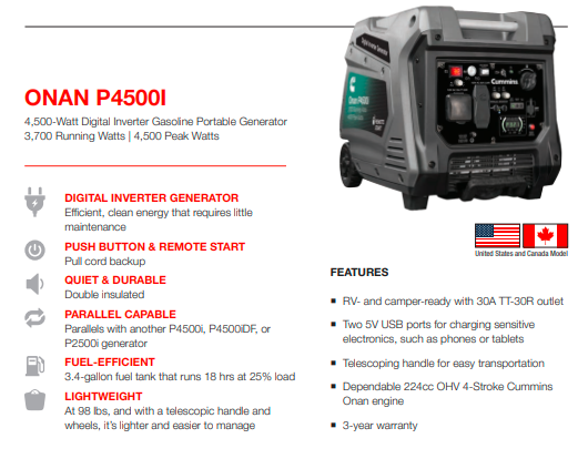 Cummins Onan P4500i Digital Inverter Portable Generator, 4500W