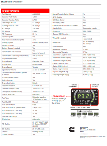 Cummins Onan P4500i Digital Inverter Portable Generator, 4500W