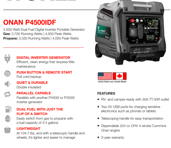Cummins ONAN P4500iDF Dual-Fuel Inverter Portable Generator, 4,500-Watt