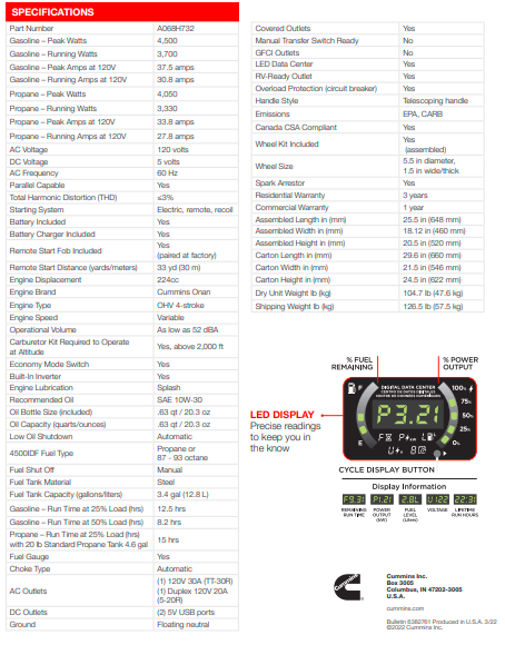 Cummins ONAN P4500iDF Dual-Fuel Inverter Portable Generator, 4,500-Watt