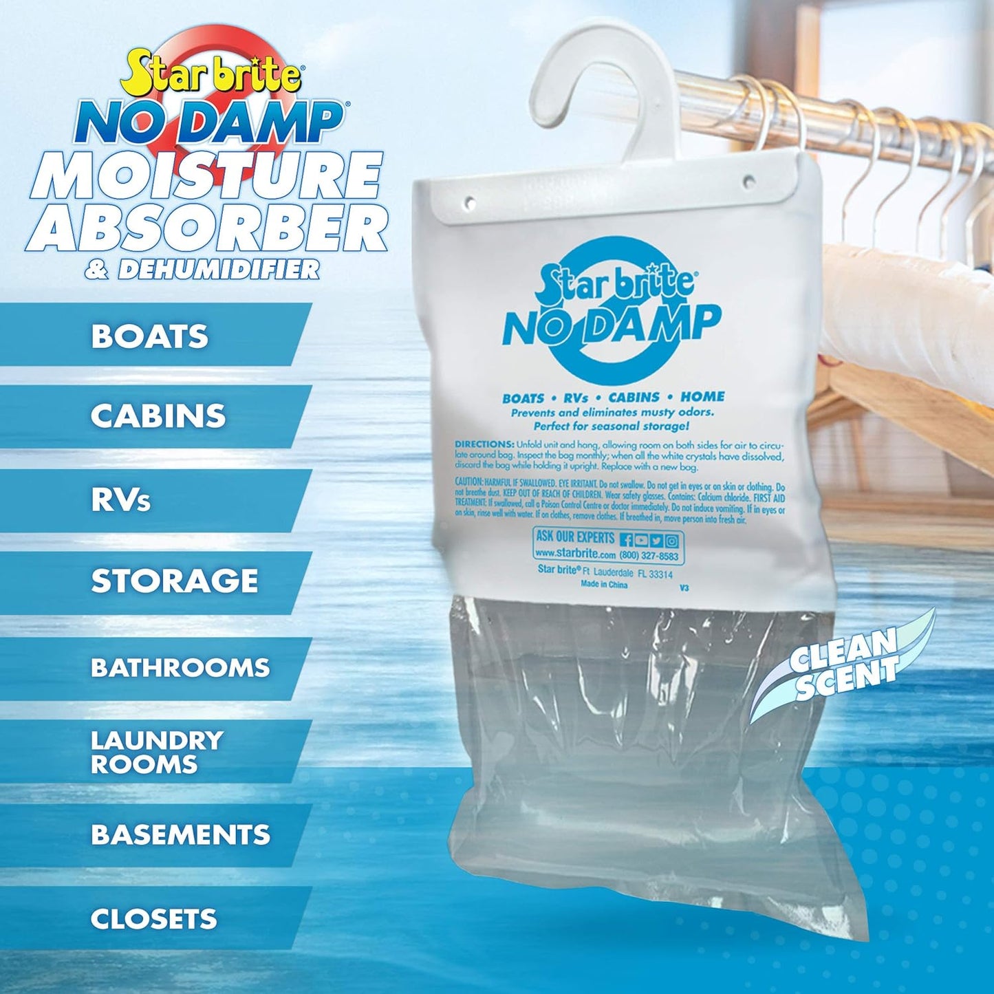 Star brite No Damp moisture absorber packaging with product usage information on a blue background