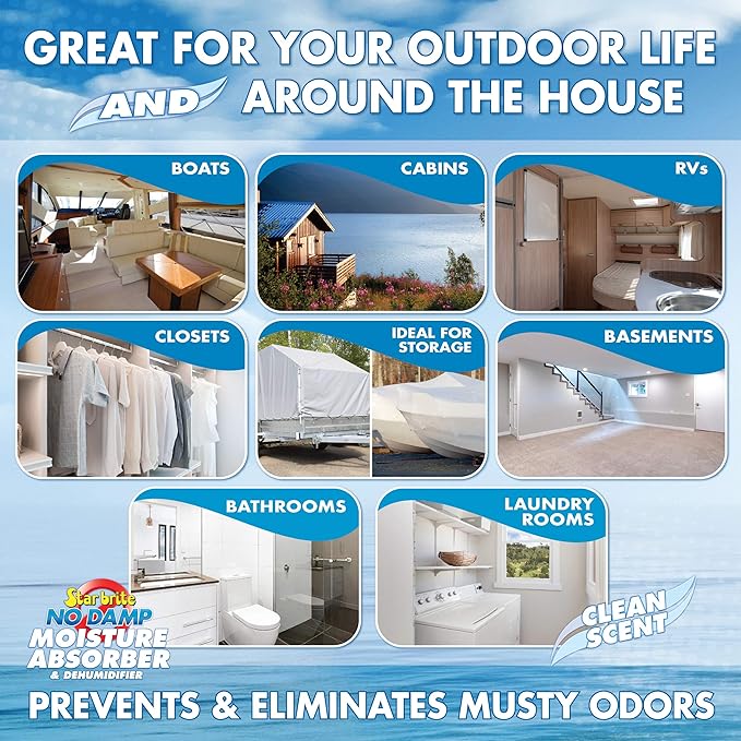 Advertisement for a no-damp moisture absorber with images of boats, cabins, RVs, closets, storage areas, bathrooms, and laundry rooms.