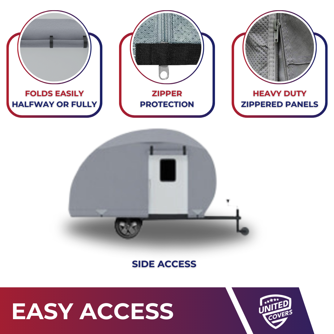Zipper access panel on teardrop trailer RV cover