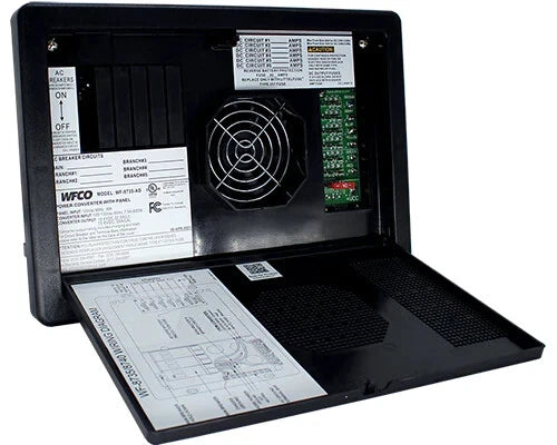 Black electronic control panel with labeled components on a white background