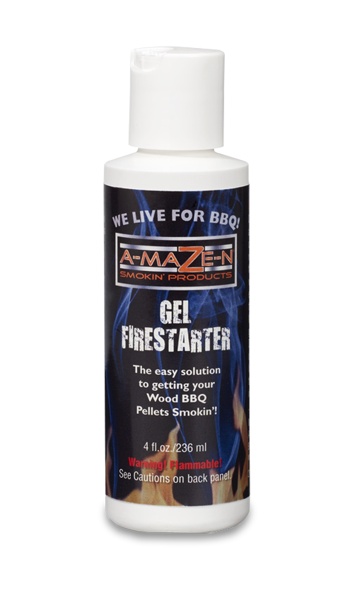 A bottle of Smoker Fire Gel with a white cap, labeled as A-MAZE-N Gel Fire Starter, 4OZ size.
