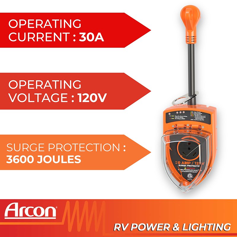 Orange electrical surge protector with specifications and Arcon branding on a white background