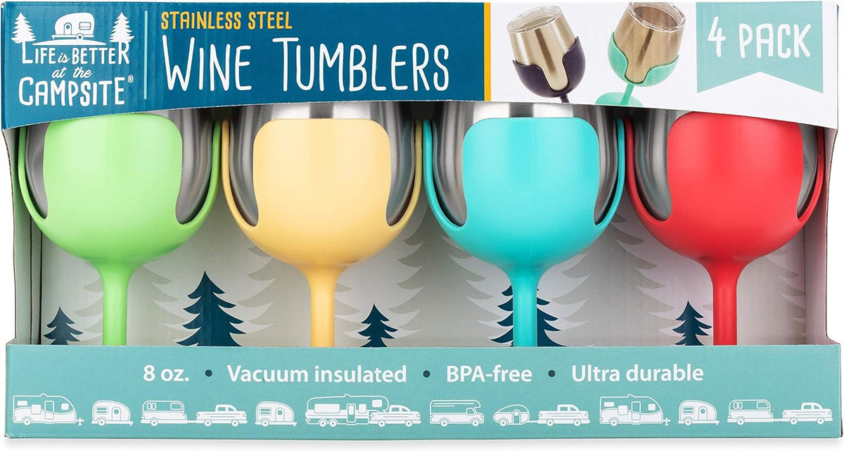 A 4-pack of Life and Better at the Campsite stainless steel wine tumblers in green, yellow, teal, and red, packaged in a retail box with camping-themed graphics.