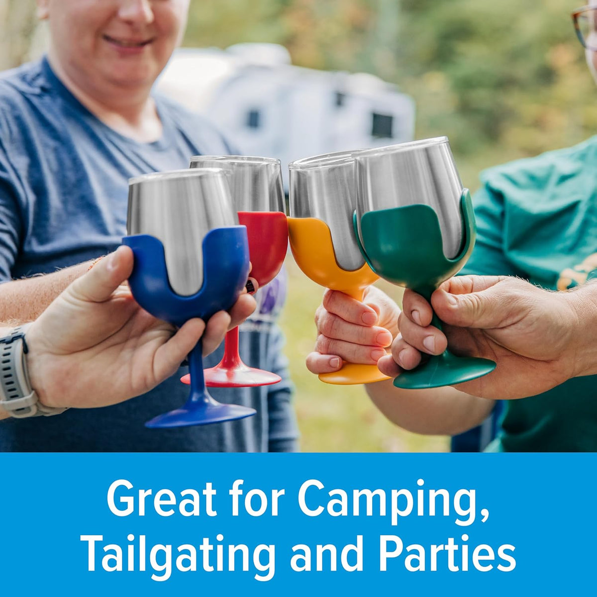 Colorful plastic wine glasses held by people with text 'Great for Camping, Tailgating and Parties' on a blue background.