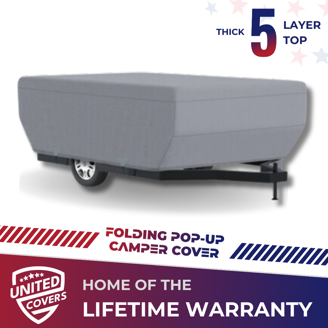 United Covers folding pop-up camper RV cover on trailer
