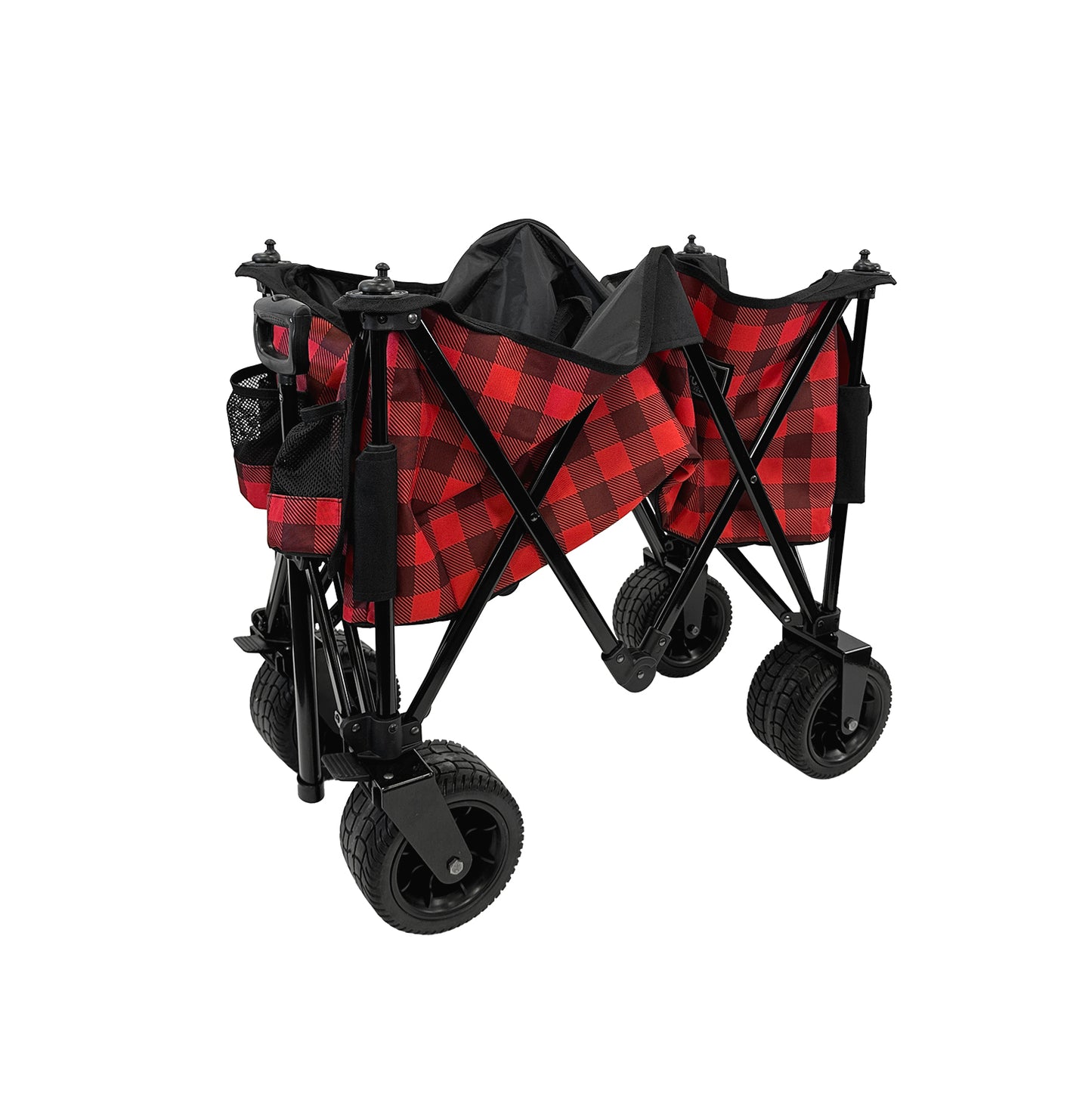 Oversized solid rubber wheels for all-terrain use.