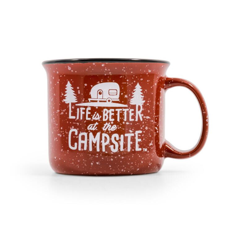 A red speckled enamel camp mug with a black rim and handle, featuring a white graphic of a vintage camper and the text 'LIFE is BETTER at the CAMPSITE'.