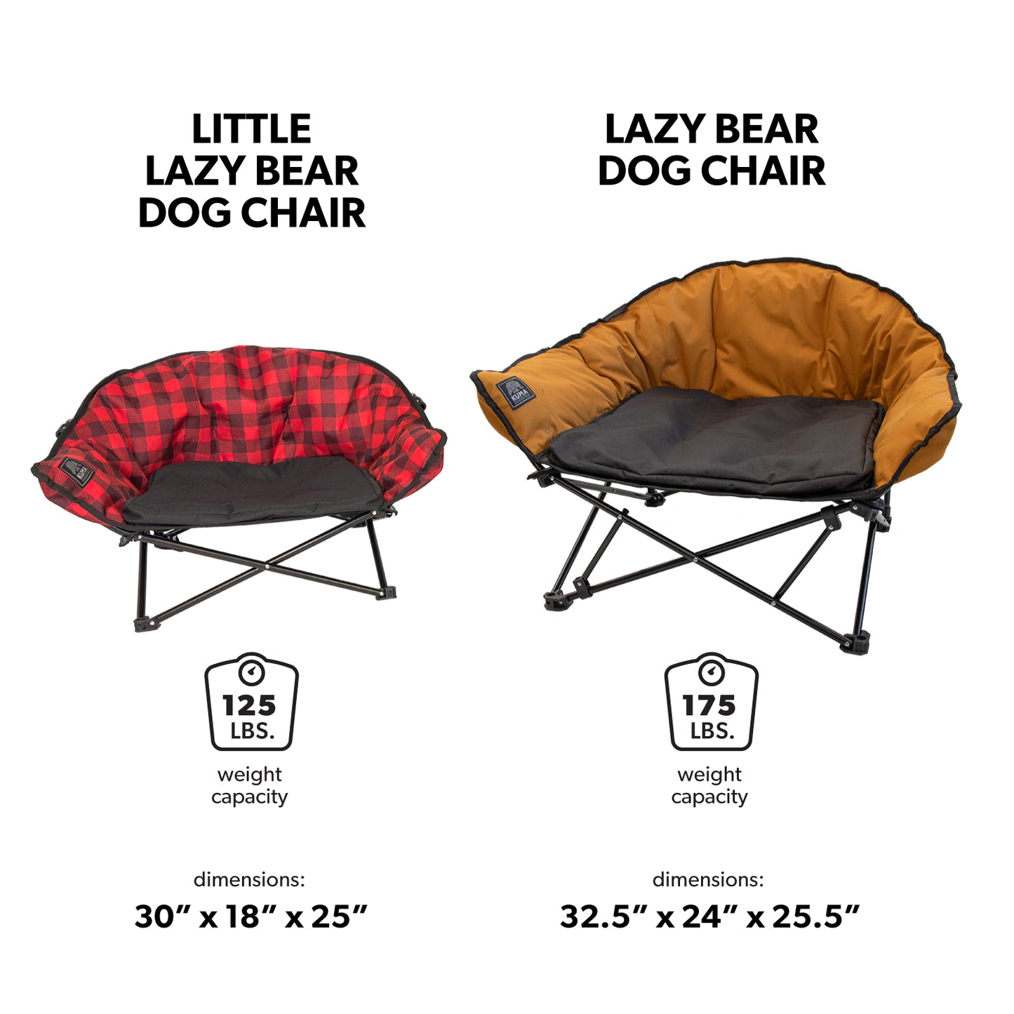 Comparison of Little Lazy Bear Dog Chair and Lazy Bear Dog Chair with weight capacity and dimensions displayed.