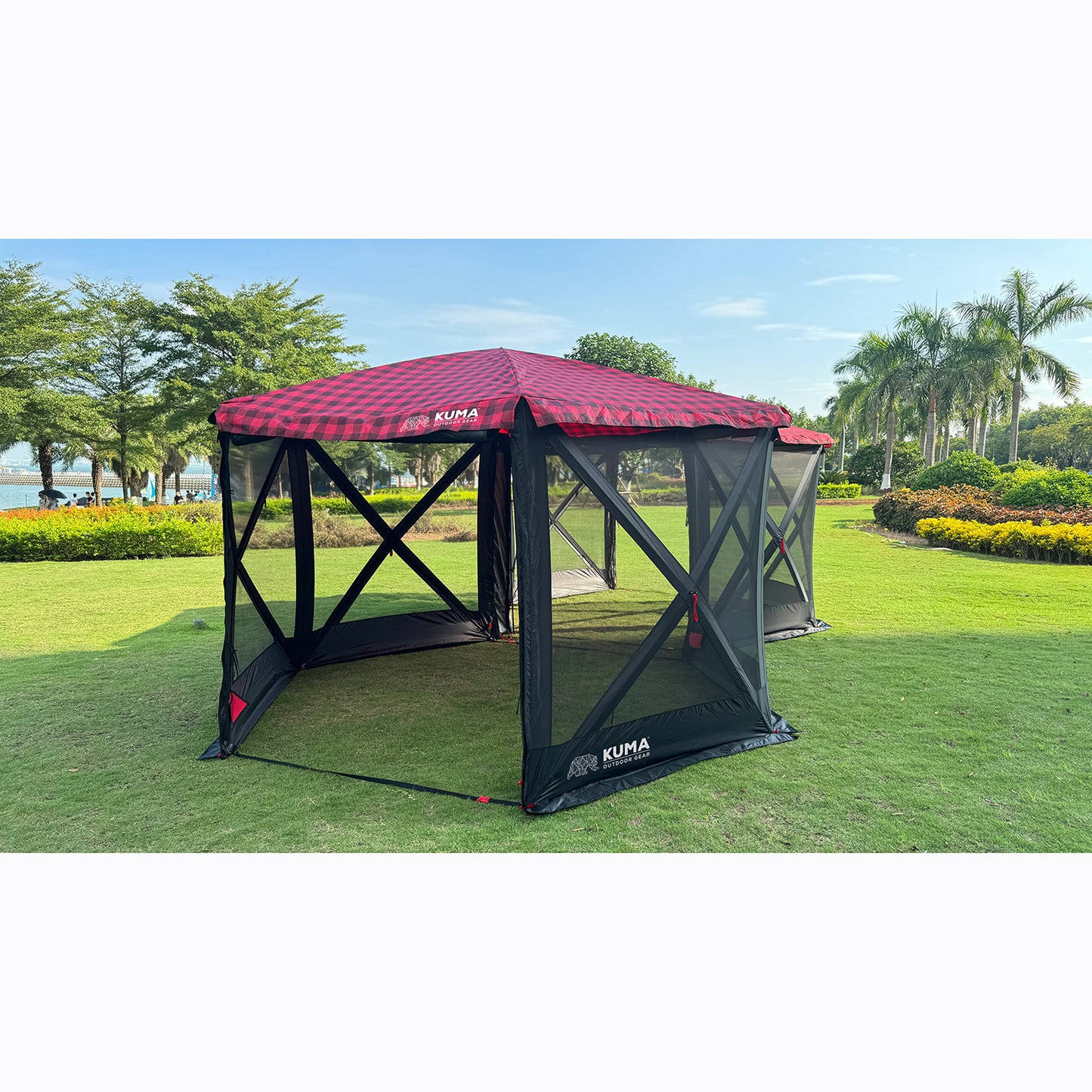 Kuma Super Bear Den Gazebo featuring UV protection and versatile roll-up wall design.