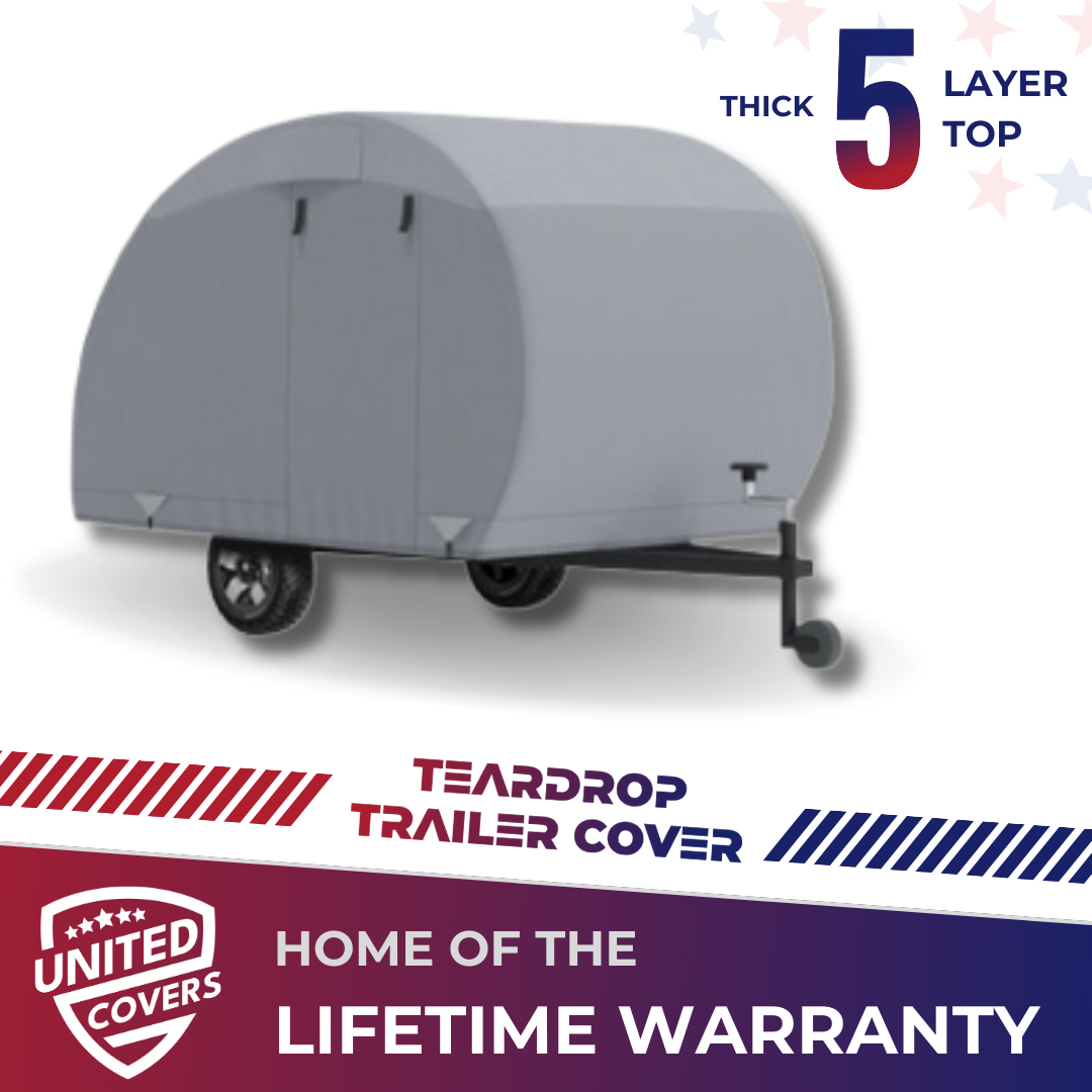 United Covers teardrop RV cover on trailer - front view
