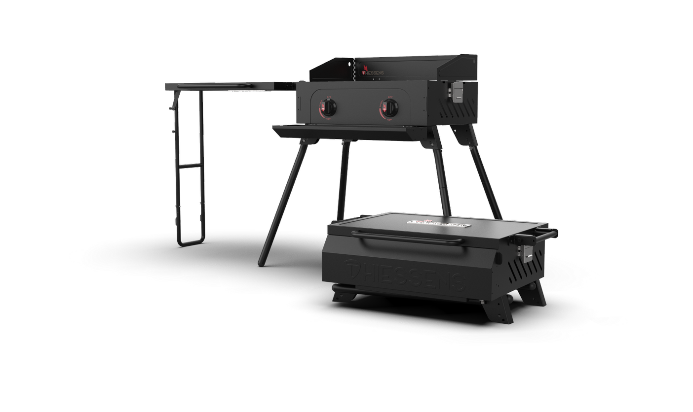 Camp & Prep Essentials Bundle – Thiessens 2‑Burner Camp Stove + Pit Boss 3‑Piece Tool Set & Louisiana Grills Magnetic Bamboo Board