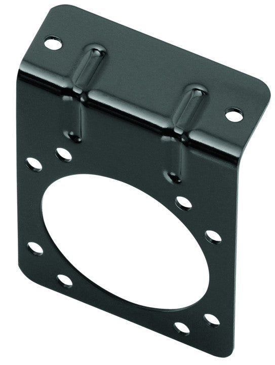 A black universal 7-way bracket designed to mount to bumper for holding 7 pin connector.