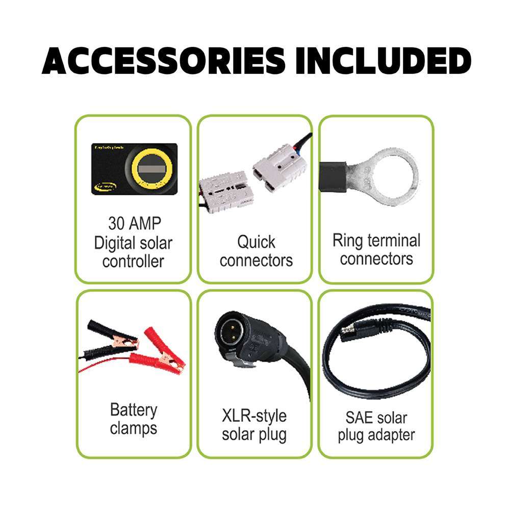 Complete 100W solar kit with charge controller, cables, and connection options