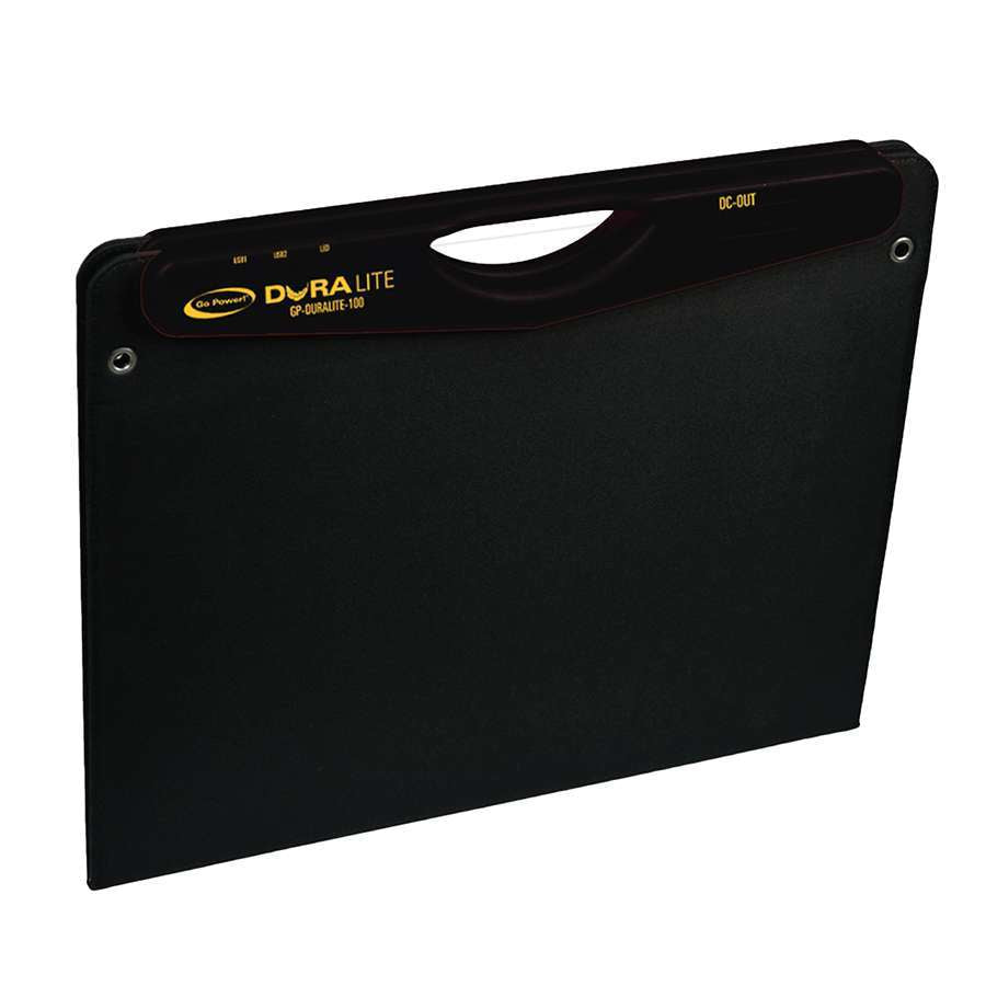 Go Power portable solar panel folded for easy transport and storage.