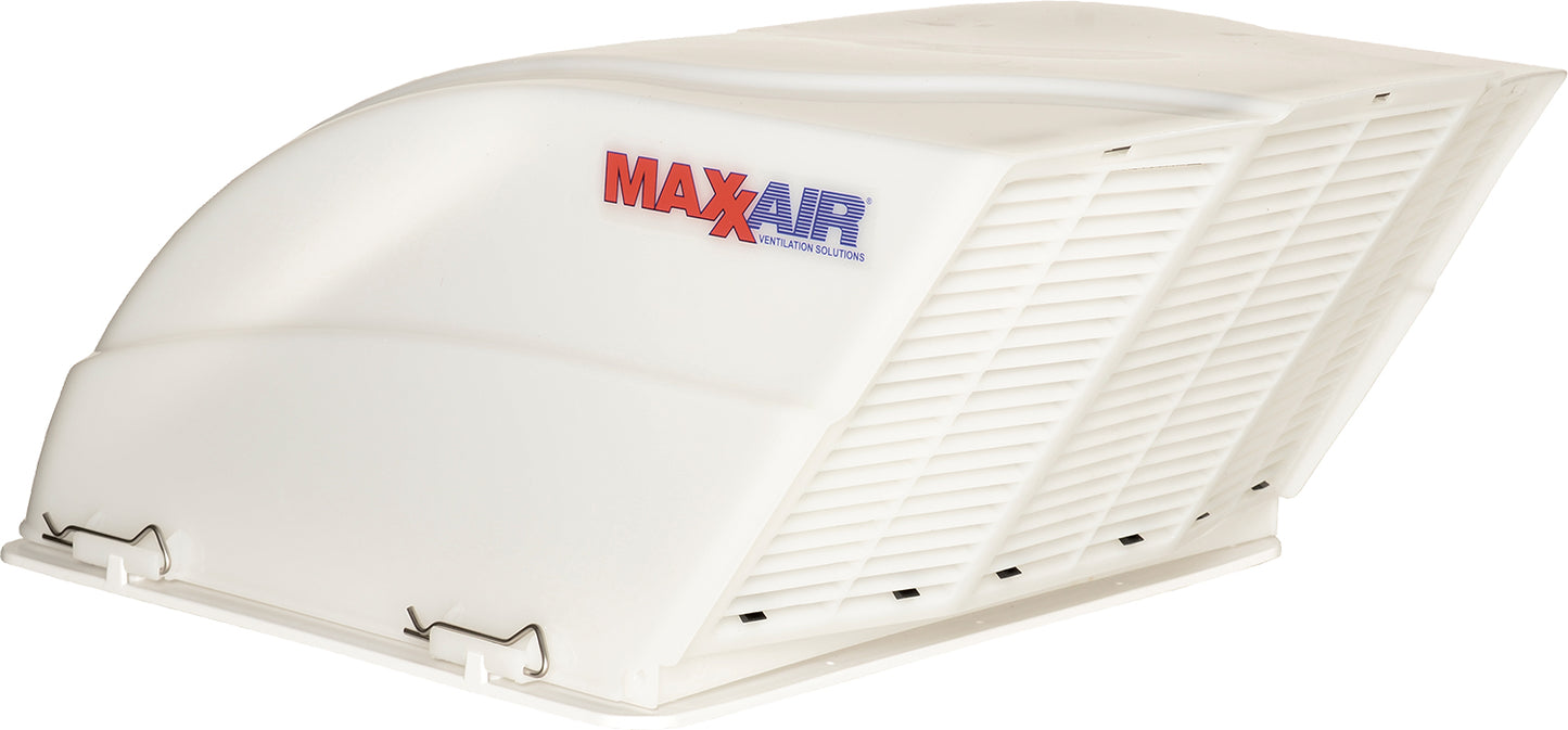 Side vented RV roof vent cover with hinged brackets by MaxxAir