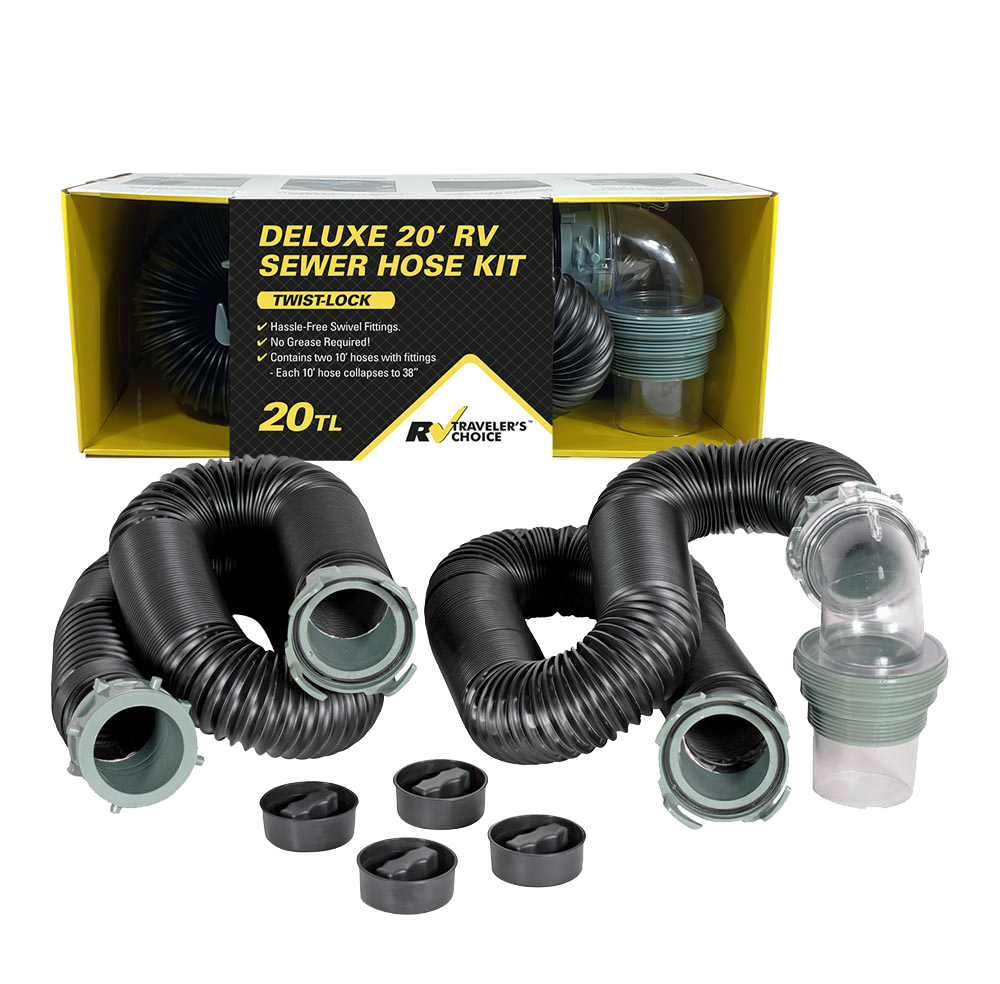 A 20 foot Duraflex Sewer Hose Kit, displayed with components spread out next to its packaging box.