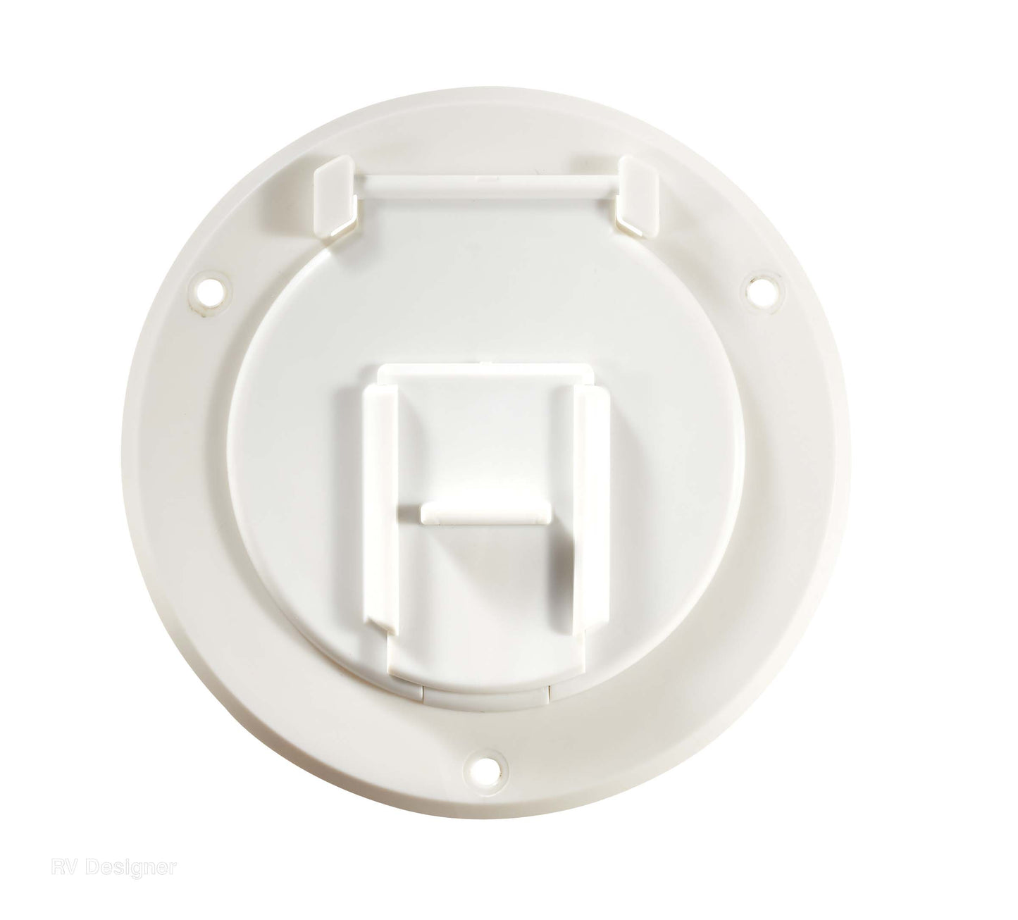 A white, round electrical cord hatch with a visible back hatching.