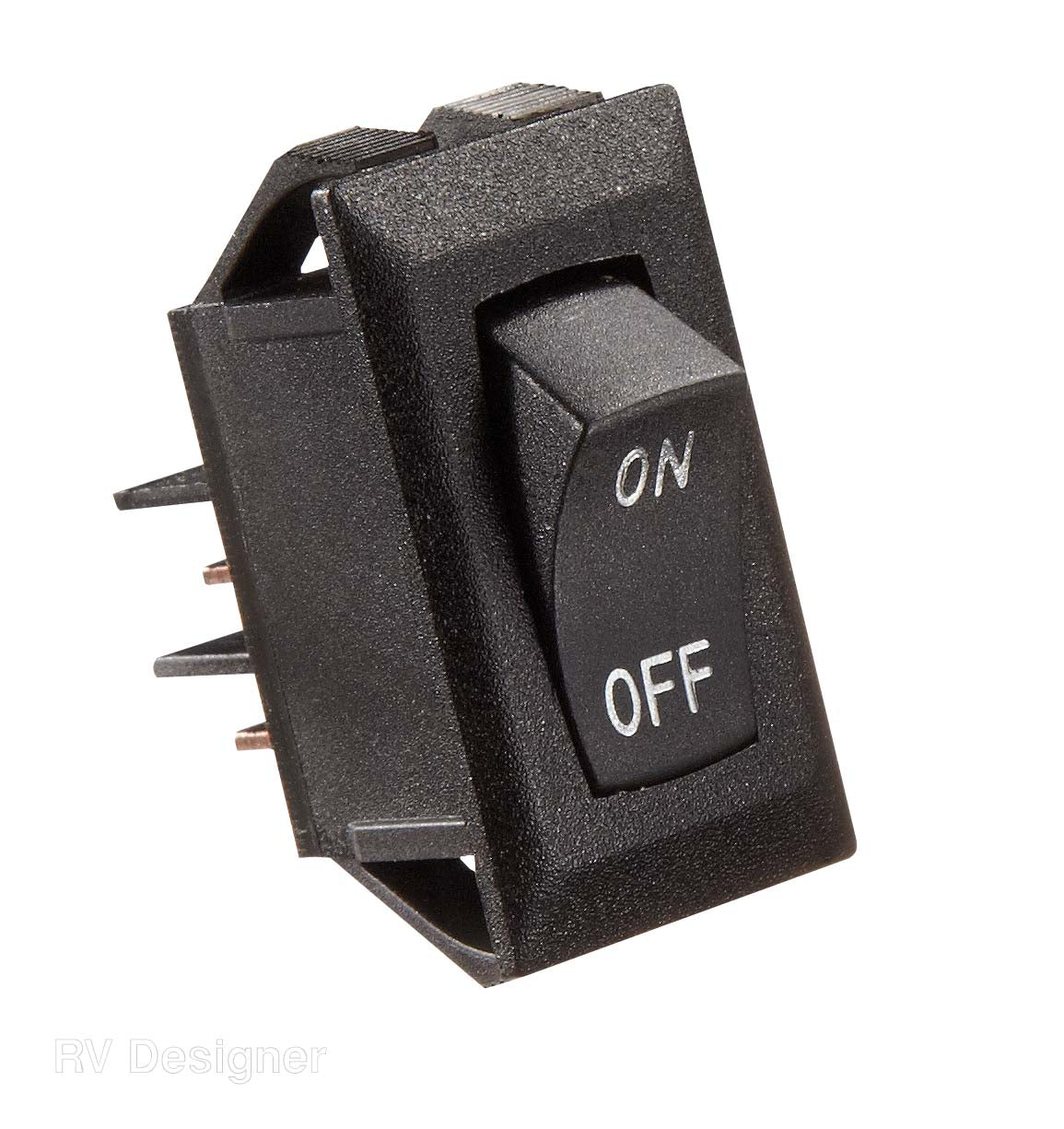 A single-pole, single-throw switch with a white and silver color scheme, featuring 'on' and 'off' text.