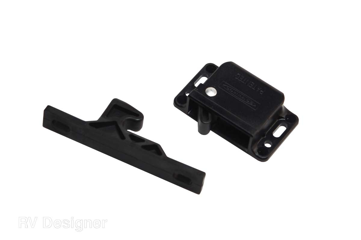 Black RV cabinet latch with strike plate