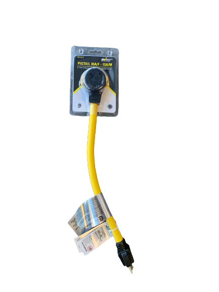 A yellow power cord adapter with a 30 amp female to 15 amp male pigtail, featuring a high-visibility yellow jacket and solid brass contacts.
