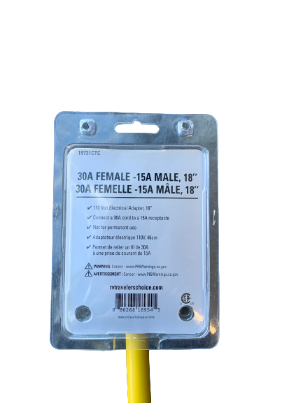 RV Travelers Choice Power Cord Adapter – 30 Amp Female to 15 Amp Male, 18"